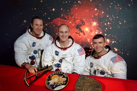 The crew that never flew: Jim Lovell (left) and Fred Haise (right) were on the ill-fated Apollo 13 flight that returned to Earth without landing on the moon, but Ken Mattingly (center) had been replaced at the last minute by Jack Swigert.