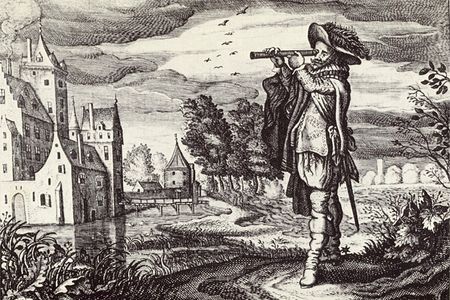 Adriaen van de Venne engraved this early depiction of a Dutch telescope. Image courtesy of Wikipedia.