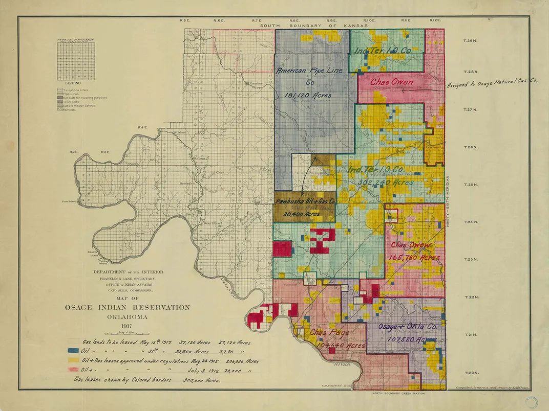 A 1917 map of the Osage Reservation, with oil and mineral drilling boundaries highlighted