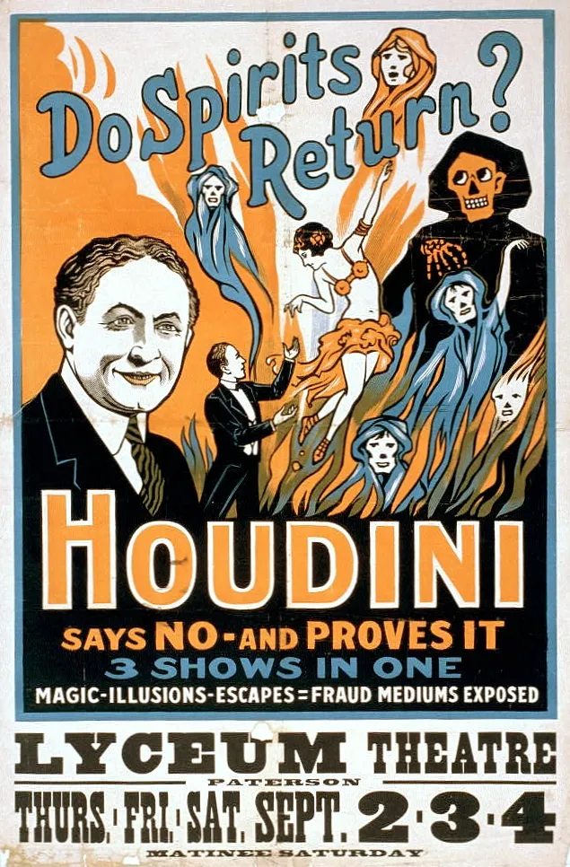 Poster advertising Houdini show debunking spiritualism