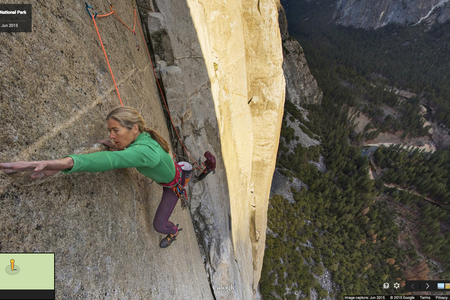 A screenshot of Lynn Hill climbing El Capitan in Street View.