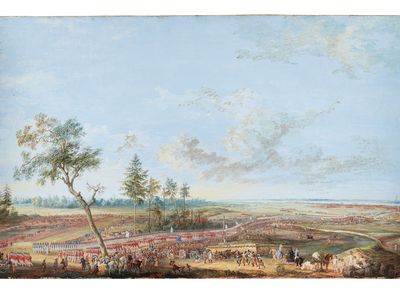 This painting by Louis-Nicolas Van Blarenberghe, court painter of battles to France’s King Louis XVI, depicts the 1781 formal surrender of the British army at Yorktown, Virginia. The original is at the Palace of Versailles. This secondary version was created in 1786 for French General Comte de Rochambeau, the commander of the French forces at Yorktown