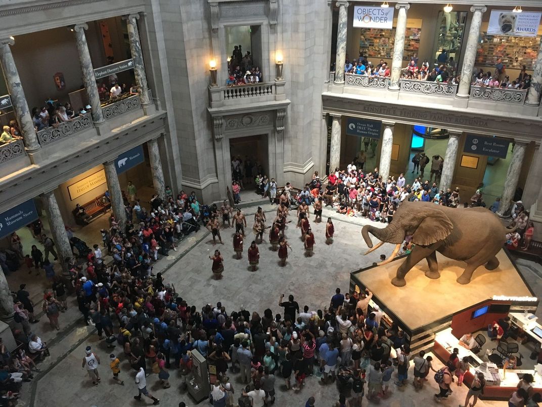 A crowd of people in the Rotunda at the National Museum of Natural History.