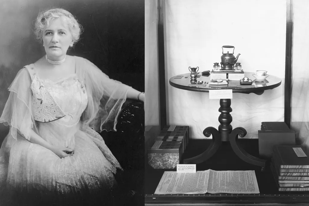 left, an photograph of Helen Hamilton Gardener. Right, the suffrage exhibition at the Smithsonian, with a circular table, books, and a document. Both photos are black-and-white