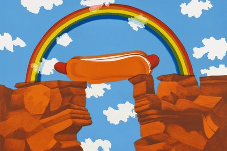 Bright print showing a hot dog bridge under a rainbow.