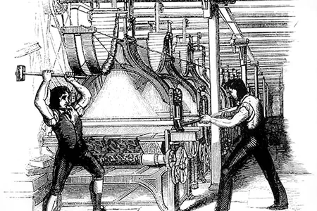 This later image shows the artist's interpretation of the Luddites breaking a loom. Byron was speaking up to oppose the Frame Breaking Act of 1812 that would make machine breaking a capital crime.