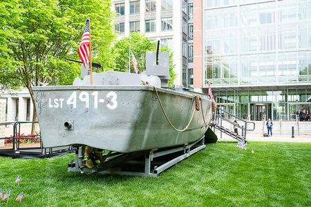 One of a handful of surviving Higgins boats is on display outside of the U.S. Patent and Trademark Office headquarters and National Inventors Hall of Fame Museum in Alexandria, Virginia.