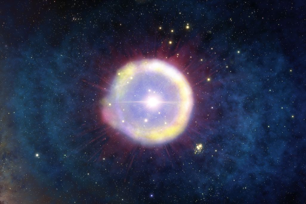 An artist's rendering of a field of first-generation stars as they would have appeared 100 million years after the Big Bang.