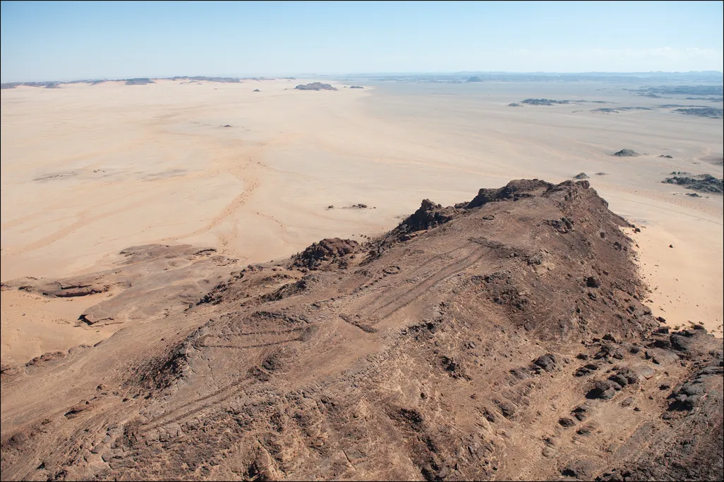 An aerial view of three mustatils in Saudi Arabia