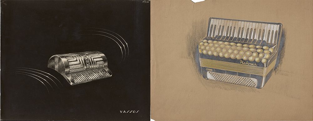 Concept sketch and concept drawing for accordions designed by John Vassos.