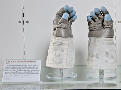 These silicone-tipped gloves protected Armstrong from cuts while working on the surface of the moon. Space Hangar at the Smithsonian NASM Steven F. Udvar-Hazy Center.