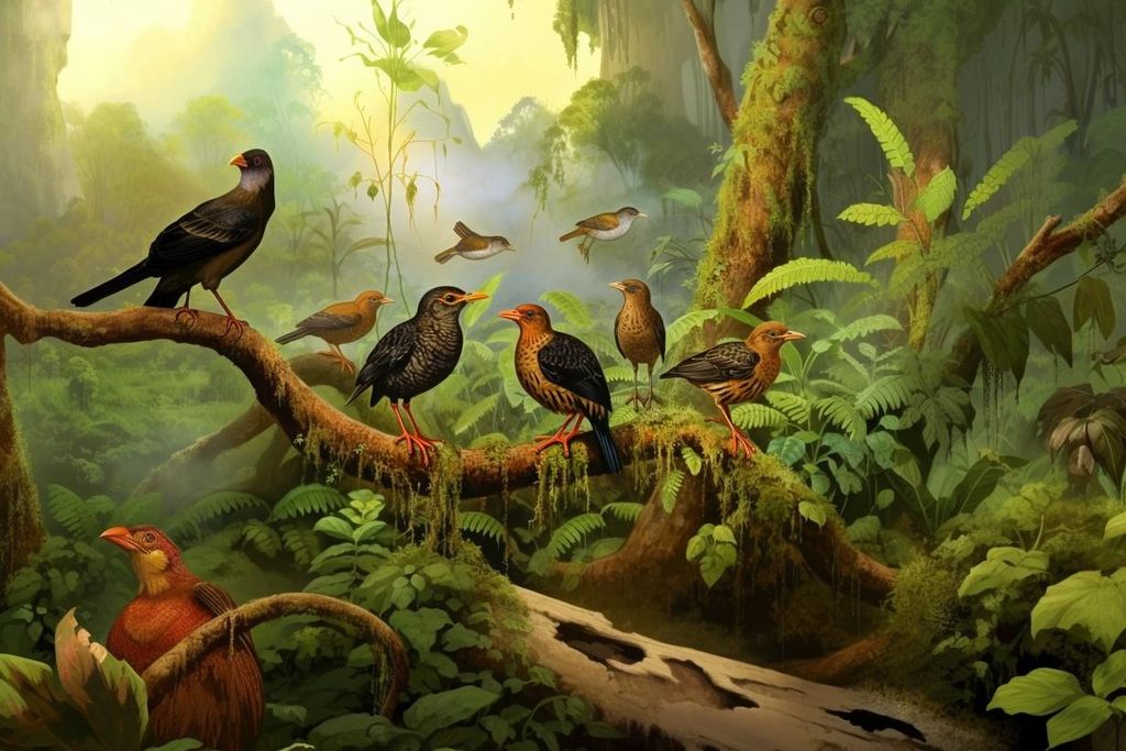 illustration of birds in a forest