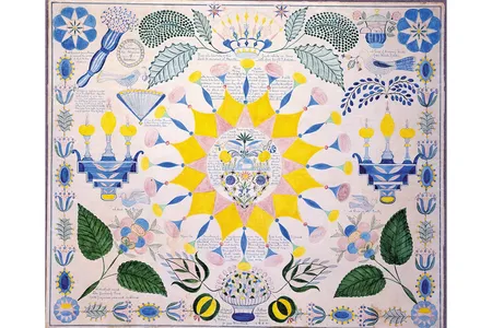 An 1851 ink-and-watercolor gift drawing titled&nbsp;A Type of Mother Hannah&rsquo;s Pocket Handkerchief by Polly Jane Reed, a Shaker in New Lebanon, New York.