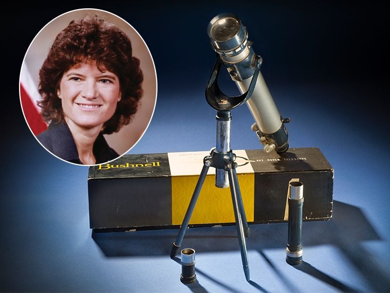 A portrait of Sally Ride and here childhood telescope