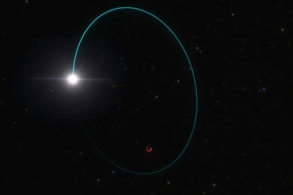 An artist's illustration of Gaia BH3 and its companion star's "wobbling" orbit