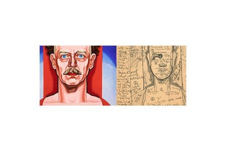 Details from LEFT: Oscar Bluemner, Self-Portrait, 1933, oil on panel, 19 3/4 x 14 3/4 in. Courtesy Crystal Bridges Museum of American Art, Bentonville, Arkansas. Photography by Edward C. Robison III. RIGHT: Oscar Bluemner. Oscar Bluemner. Notes for self-portrait from painting diary, 1933. Oscar Blumner papers, 1886-1939. Archives of American Art, Smithsonian Institution.