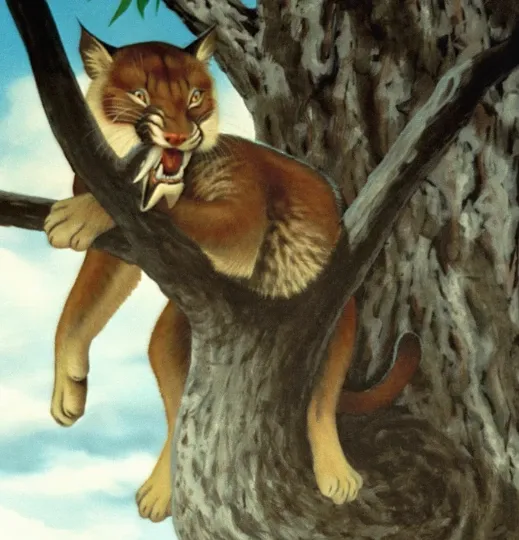 cat with long teeth and tufted, pointed ears lounges in tree branches