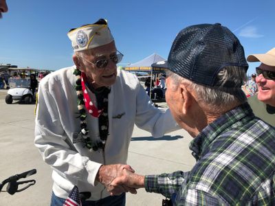 Last March, Don Long (left) shook hands with Pat Patteson at the Travis Air Force Base airshow in California. The World War II veterans both had experiences in PBY Catalinas in the Pacific and flew PV-1 Venturas but didn’t cross paths until at the show they visited another airplane they both flew, Taigh Ramey’s PV-2 Harpoon. Ken Terpstra, a volunteer at the Stockton Field Aviation Museum was delighted to see the encounter.
