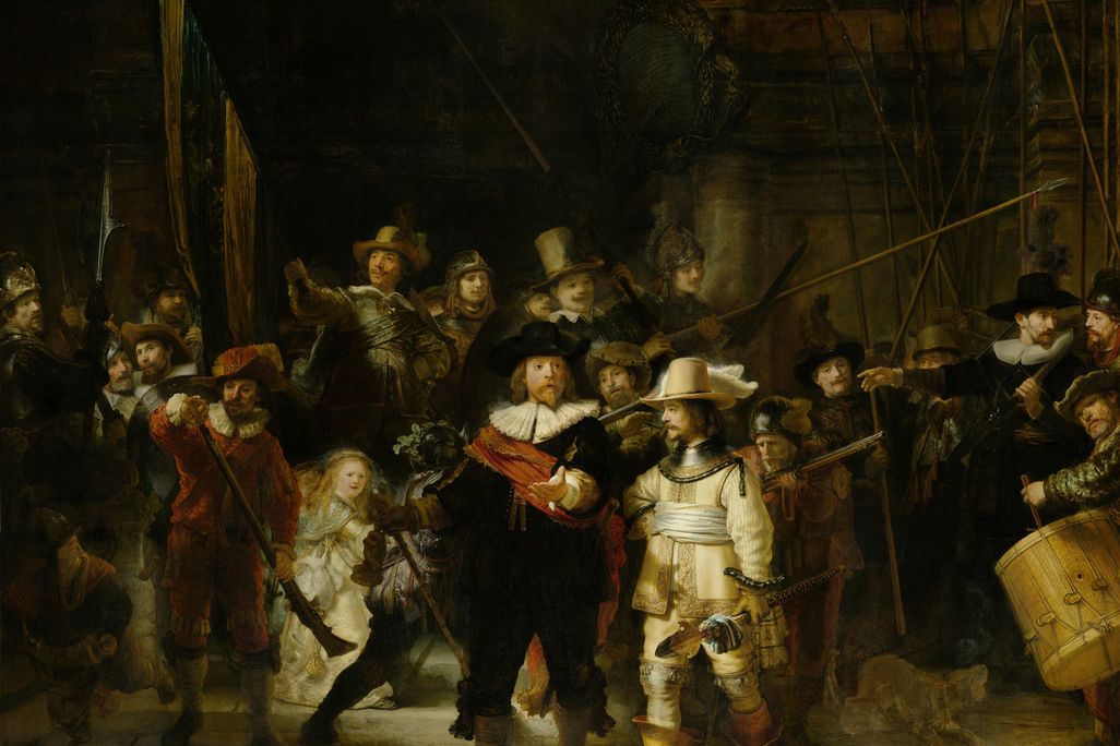 The Night Watch painting itself, a grand composition featuring a central captain surrounded by men with weapons, a drummer, a dog, and a pale young woman wearing a white dress