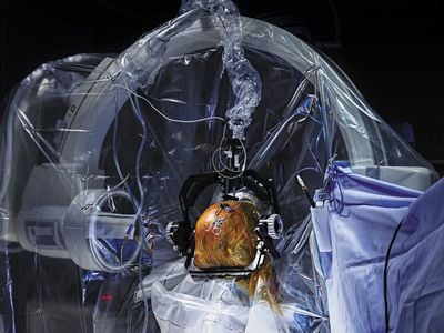A neurosurgeon’s view during a brain operation: The head is held in place and covered with an adhesive drape containing iodine, which prevents infections and explains the orange tint. 