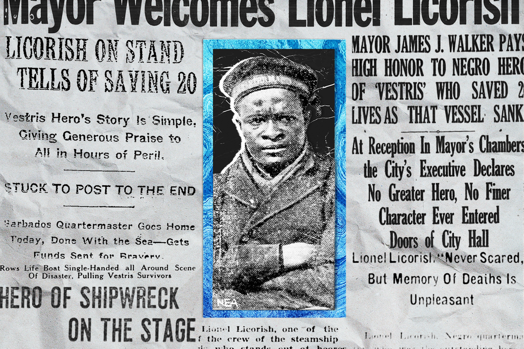 A photograph of Lionel Licorish, in front of a collage of newspaper headlines about his heroics