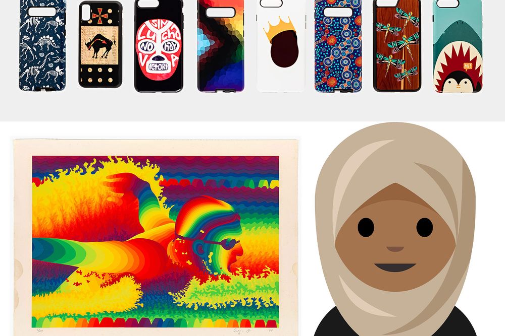 Cell phones, person with headscarf emoji and Butterfly by Ay-O