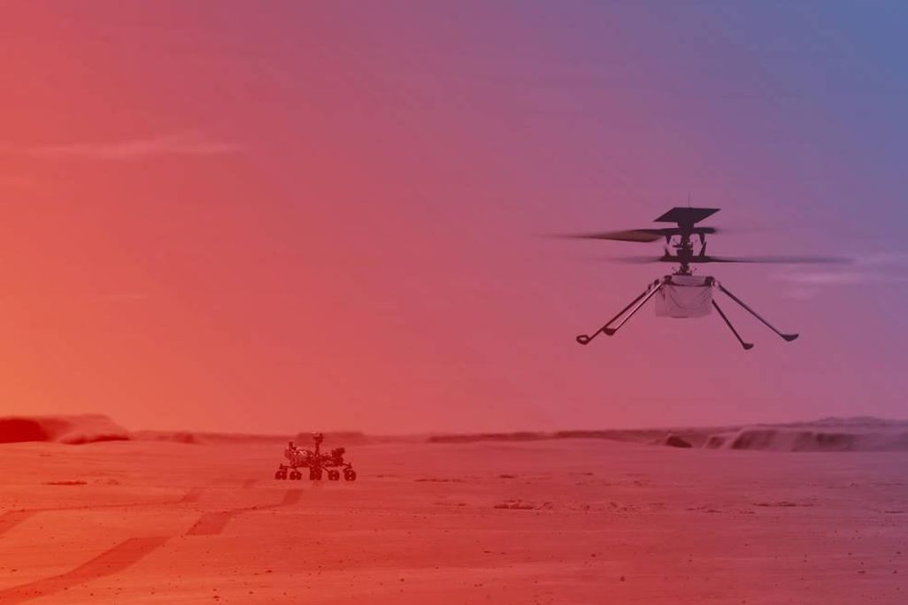 An illustation of NASA's Ingenuity Mars Helicopter flying on Mars. The Preserverence Rover awaits in the background 