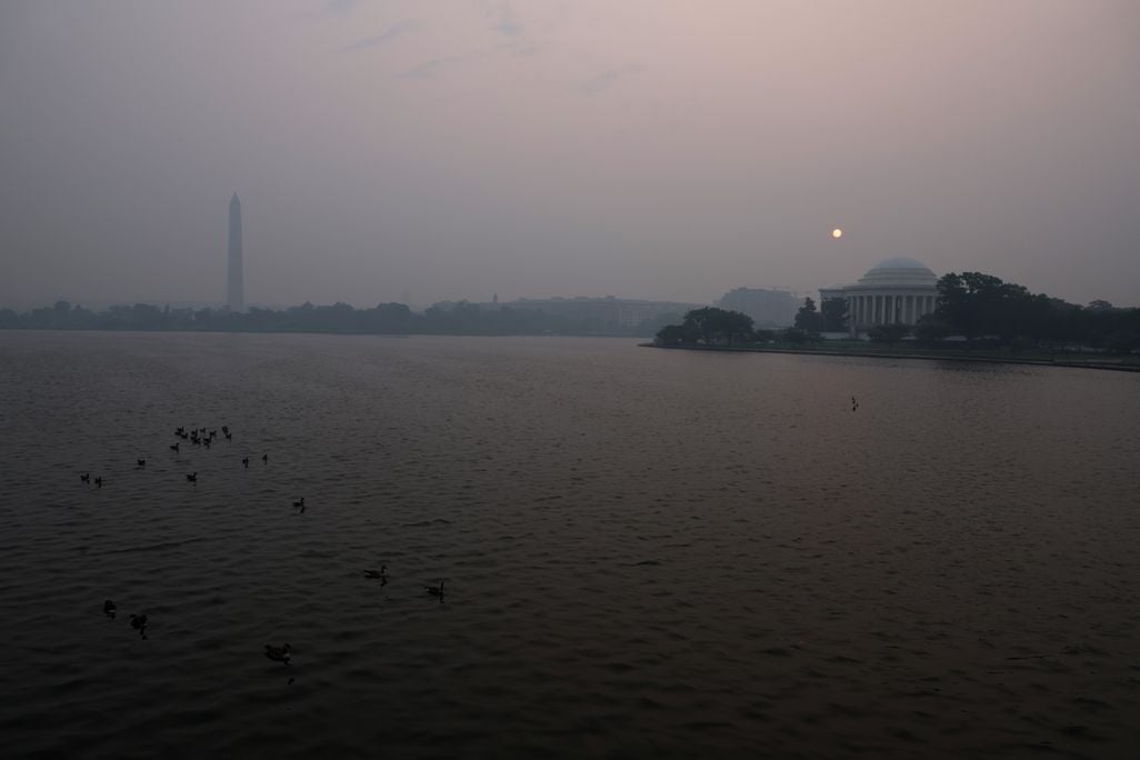 Hazy smoke over the Jefferson Memorial and Washington Monument in Washington, D.C.