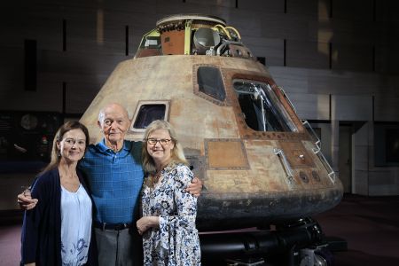 Michael Collins with daughters Ann (left) and Kate, next to his old ride at the National Air and Space Museum, June 14, 2016.