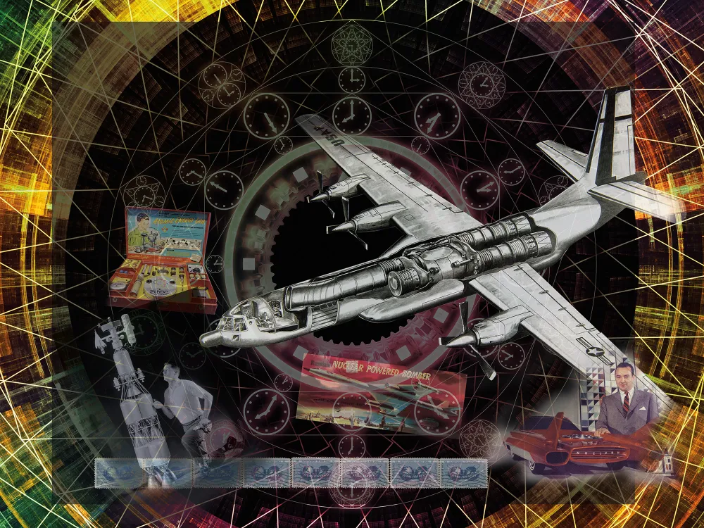 Photo illustration of 1950s atomic age photos including a prop aircraft cutaway diagram, a man in a suit and tie, an engineer with an engine, and an atomic-themed toy kit.
