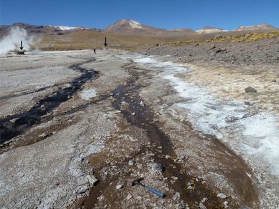 Hot springs (arrows) with discharge channels at El Tatio, Chile, where the intriguing silica structures were found.