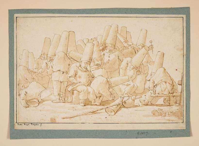 A drawing made with thin reddish lines on yellowed paper of many small men with large conical hats eating and making merry