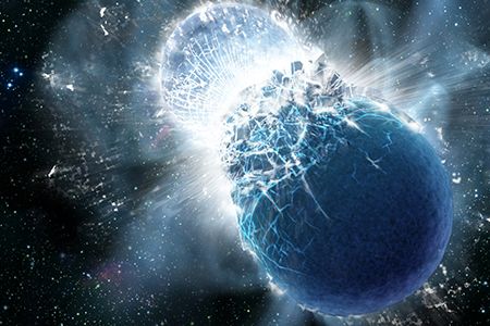 Two neutron stars violently collide—potentially the sourse of all heavy elements in the universe, including gold.