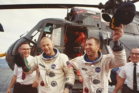 Suits like these worn in 1966 by Buzz Aldrin and Jim Lovell (right) were made to resist the extreme conditions of space travel for only a short period.