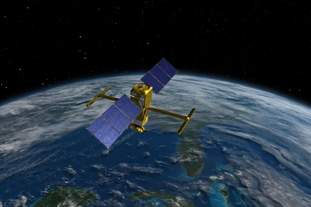 An illustration of the SWOT satellite orbiting Earth