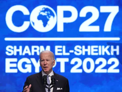 President Biden speaks at the United Nations Climate Change Conference in Sharm el-Sheikh, Egypt, on November 11.&nbsp;