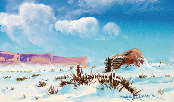 “Hogan in the Snow,” ca. 1985. Painted by Robert Draper (Diné [Navajo], 1938–2000). Chinle, Navajo Nation, Arizona. 26/6481 (National Museum of the American Indian, Smithsonian)