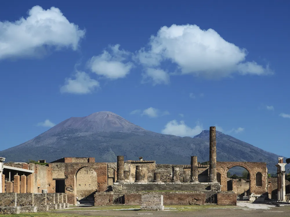 The ruins of Pompeii with Mount Vesuvius in the background