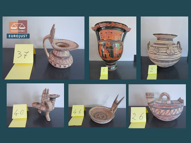 A collage of six different pieces of ancient pottery, including ones that bear red and black decorations and others with striped and decorative motifs