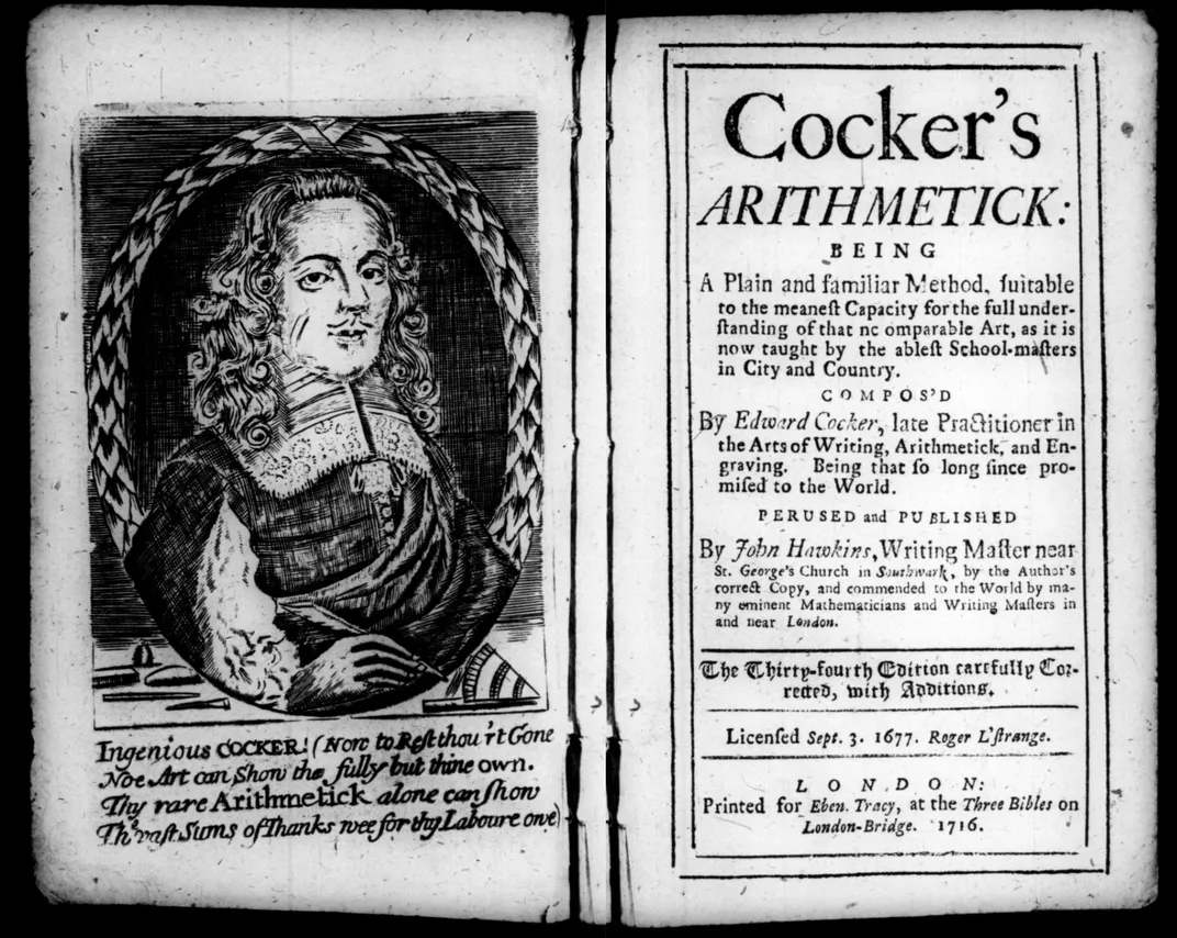 The frontispiece of a 1716 edition of Cocker's Arithmetick
