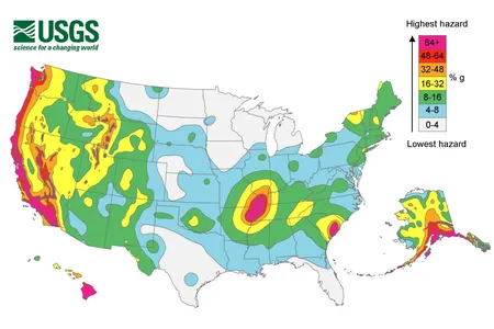 The New Madrid seismic zone, in the center of the United States, is highlighted bright pink in this earthquake hazard map created by the U.S. Geological Survey in 2008, reflecting the increased likelihood that a strong earthquake could strike that region.
