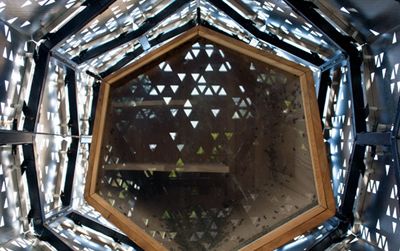Looking up into a skyscraper for bees, designed by students at the University of Buffalo