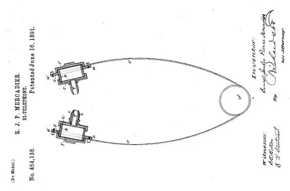 Mercadier’s patent for telephone earbuds, U.S. Patent No. 454,138