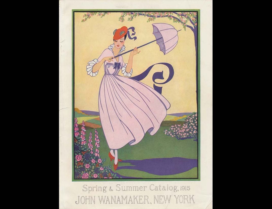 Color cover of Wanamaker catalog with woman in pink dress with parasol. 