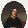Oil painting portrait of Harriet Beecher Stowe seated with her hands folded in her lap.