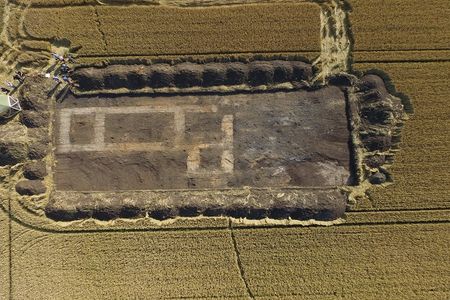 An aerial view of the excavation site in Crowland, a town in Lincolnshire, England