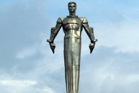 A 10-story statue of Gagarin dominates the modern skyline over Moscow's Leninski Prospect.