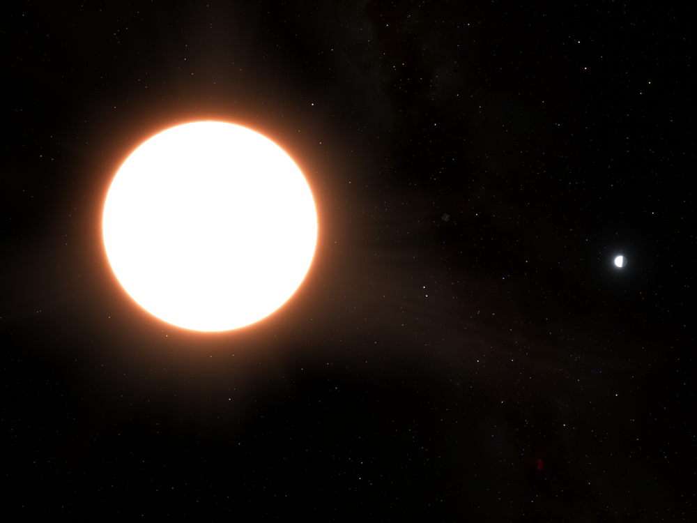 An artist's rendition of a brightly shining star against the darkness of space, with an exoplanet seen orbiting it to its right