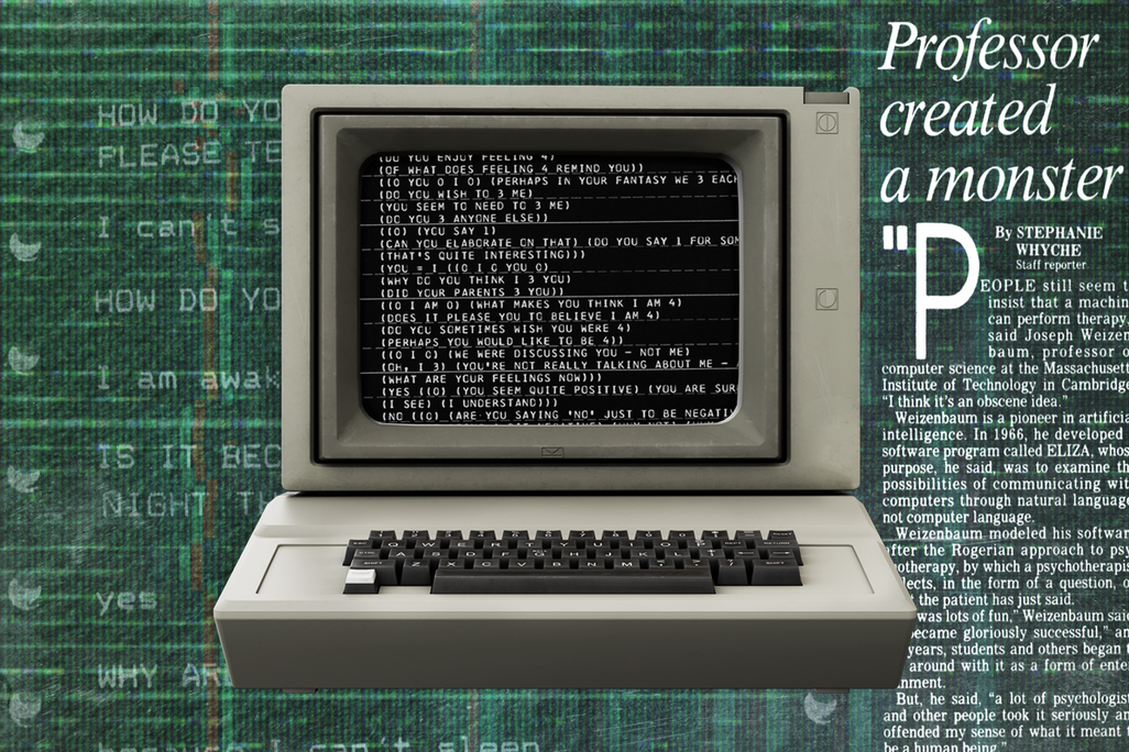 Illustration of Eliza original source code in front of newspaper headline about Weizenbaum