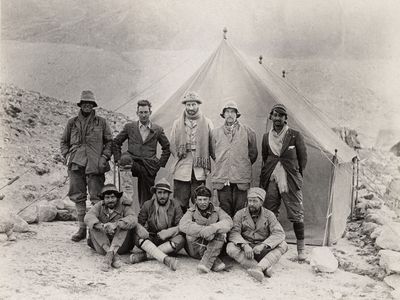 Andrew Irvine, back left, stands beside George Mallory and other members of the British Mount Everest expedition in 1924.